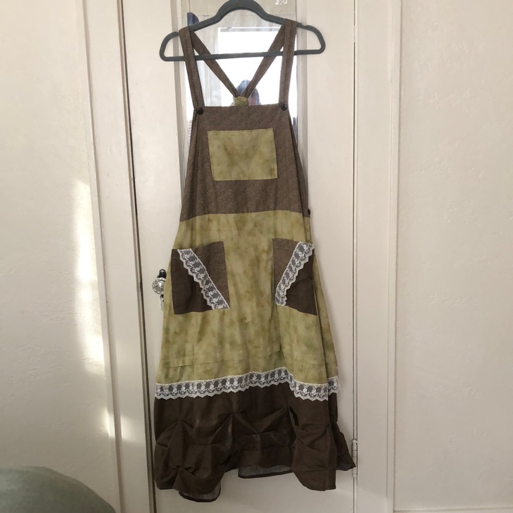 Cottagecore Prairie Apron Green & Brown Lace Dress